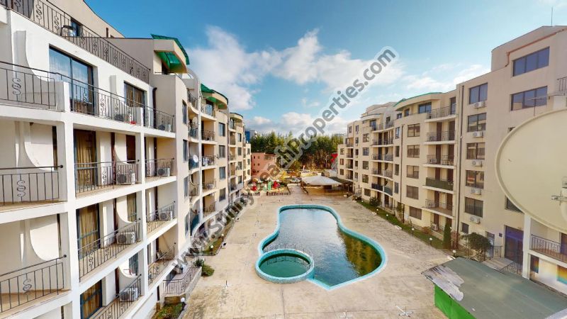 Pool view furnished 2-bedroom/1.5-BA apartment for sale in Avalon complex 350 m. from the beach in Sunny beach, Bulgaria