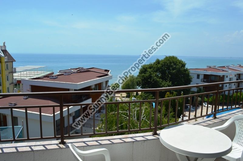 Sea & Mountain view furnished 1-bedroom apartment for sale in Beachfront Messambria Fort Beach right on the beach in Elenite resort, Bulgaria
